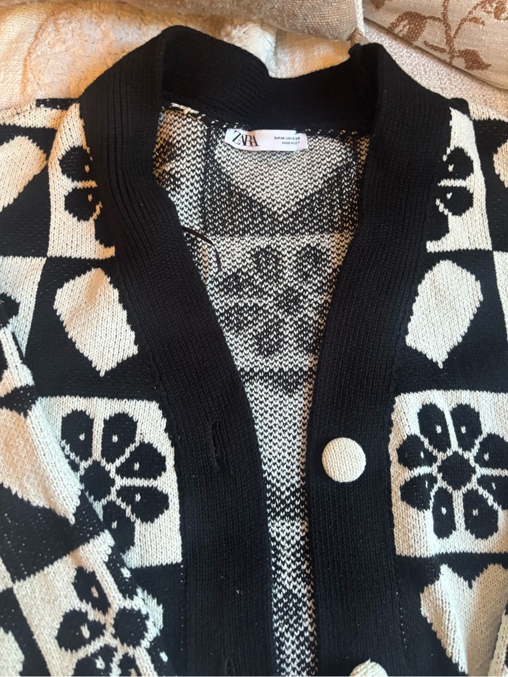 Zara Black and Cream Heart & Floral Check Cardigan Size M - Picture 2 of 4